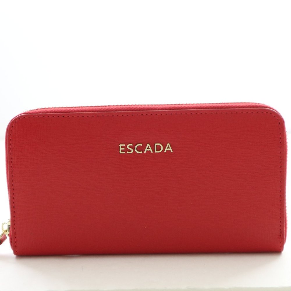 Escada Leather Zip Clutch Logo Wallet in Cherry Red